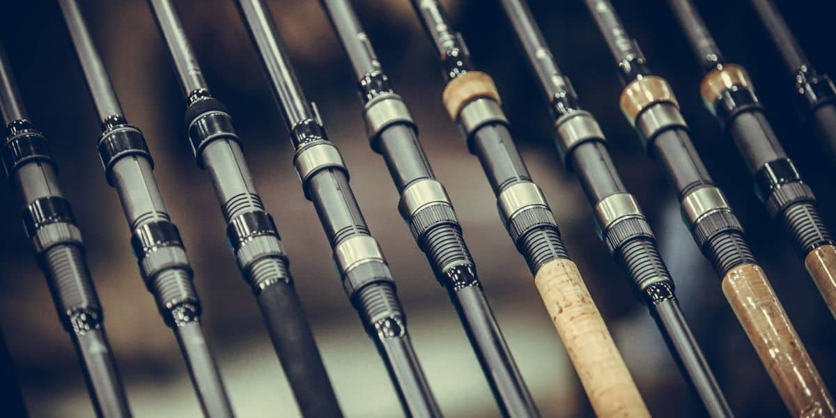 A row of fishing rods with cork and EVA handles