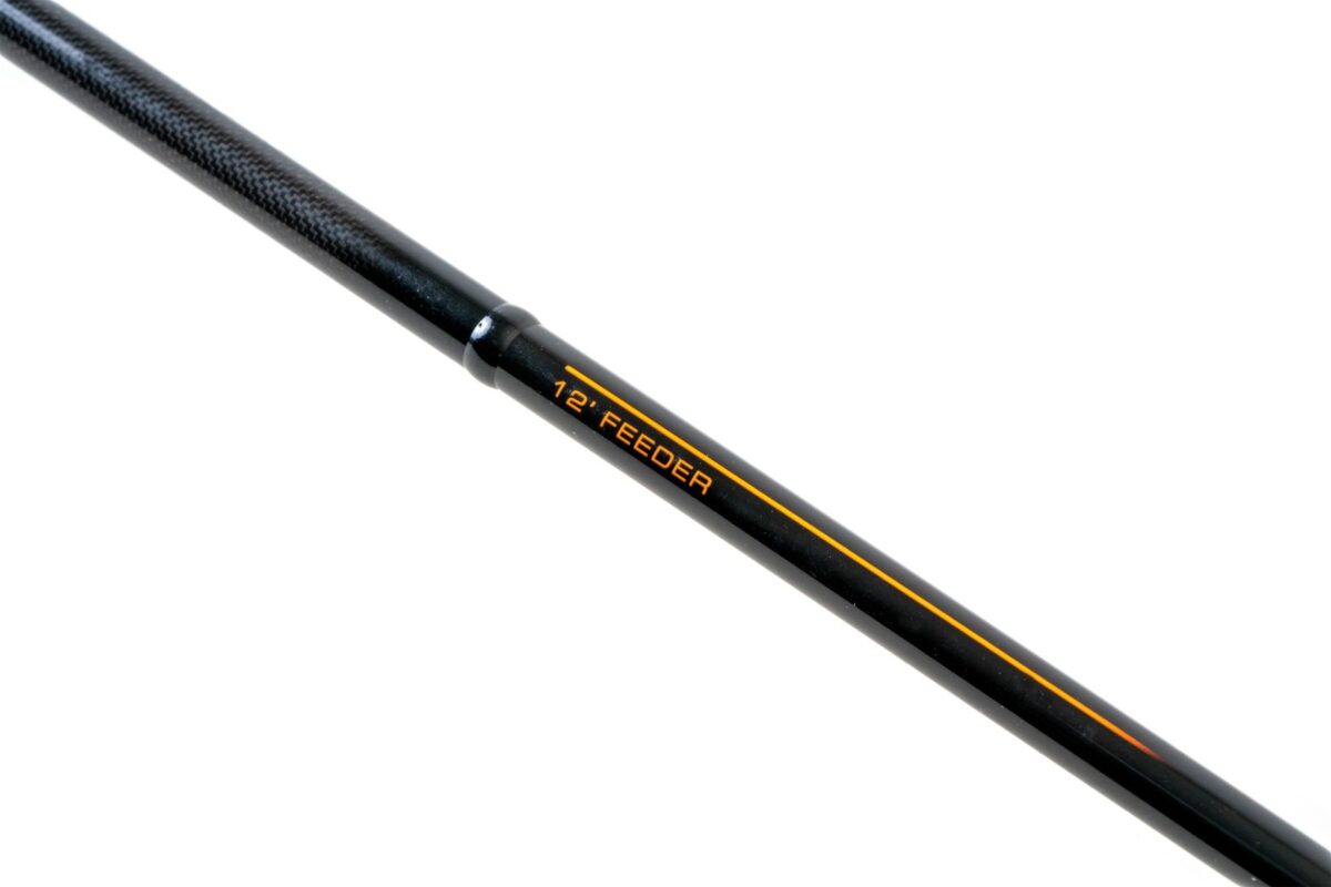 Close-up of a feeder rod blank printed with its length and rating