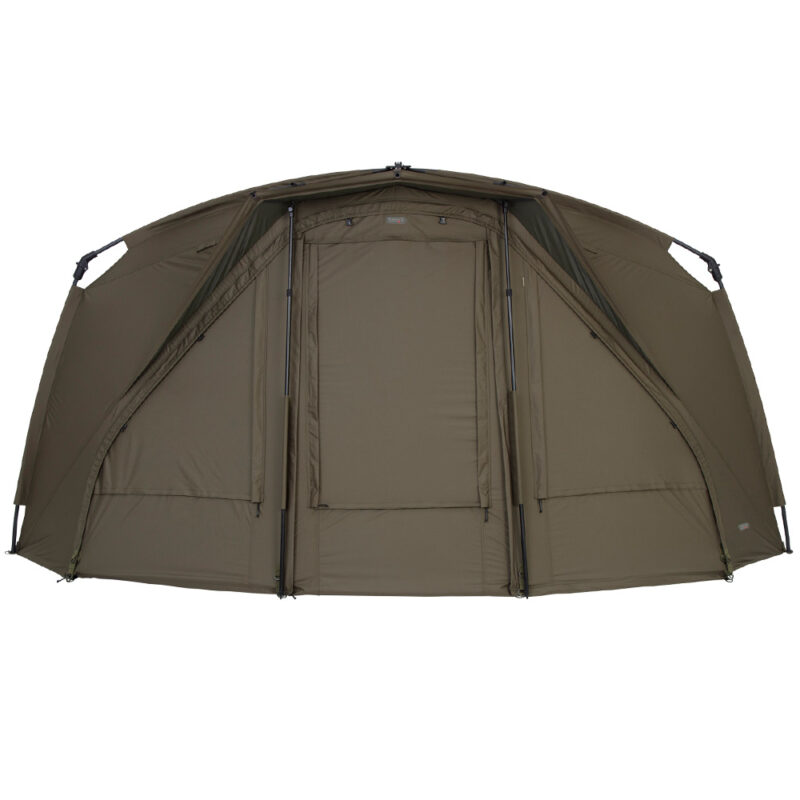 Trakker Tempest RS 150 bivvy pitched front-on with both door panels open