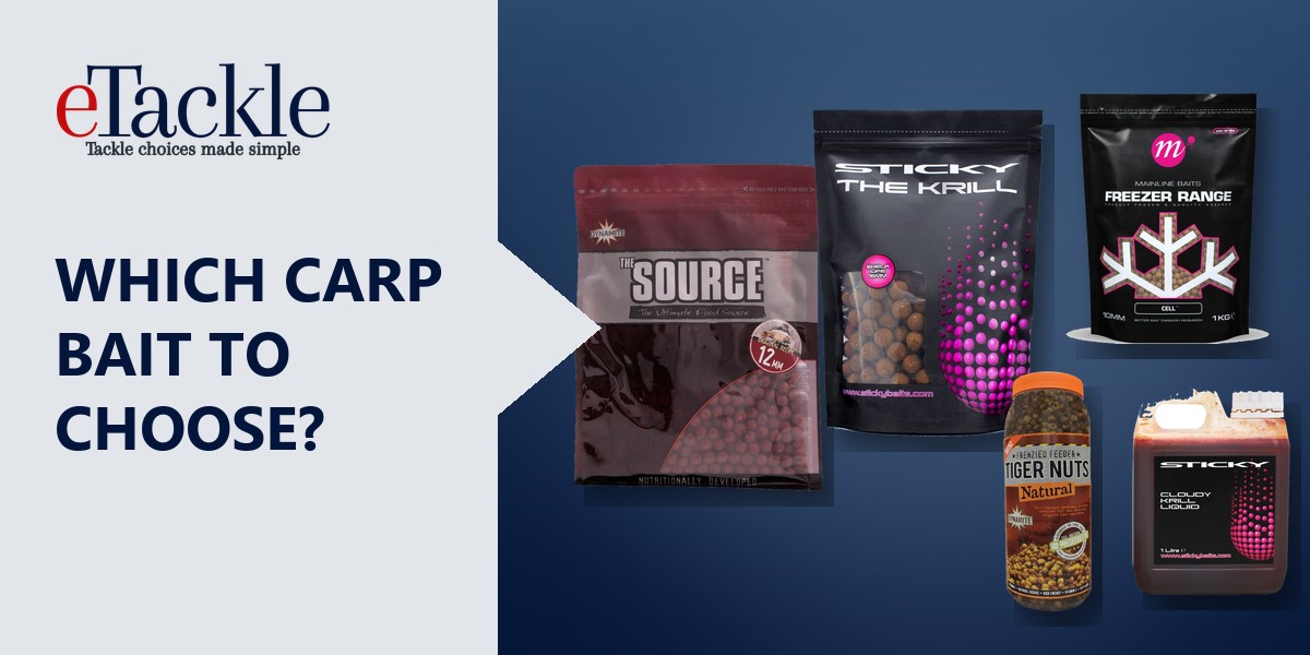 Carp baits from Dynamite Baits, Sticky Baits and Mainline, including The Source and The Krill boilies, a jar of tiger nuts and a bait liquid