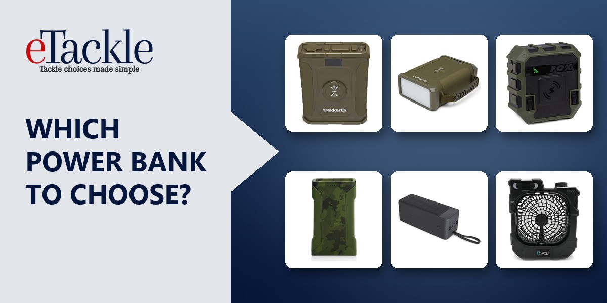 Fishing power banks and power packs from Trakker, Fox, Nash and Wolf