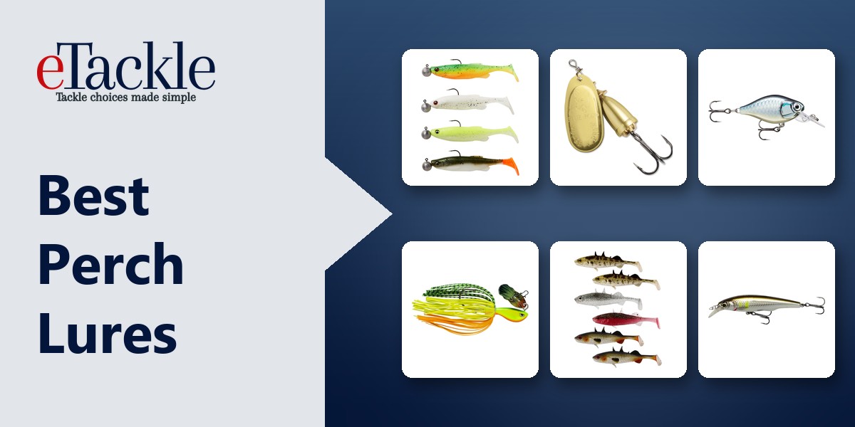 Perch lures including a soft shad pack, a spinner, a crankbait, a bladed jig, stickleback shads and a twitchbait