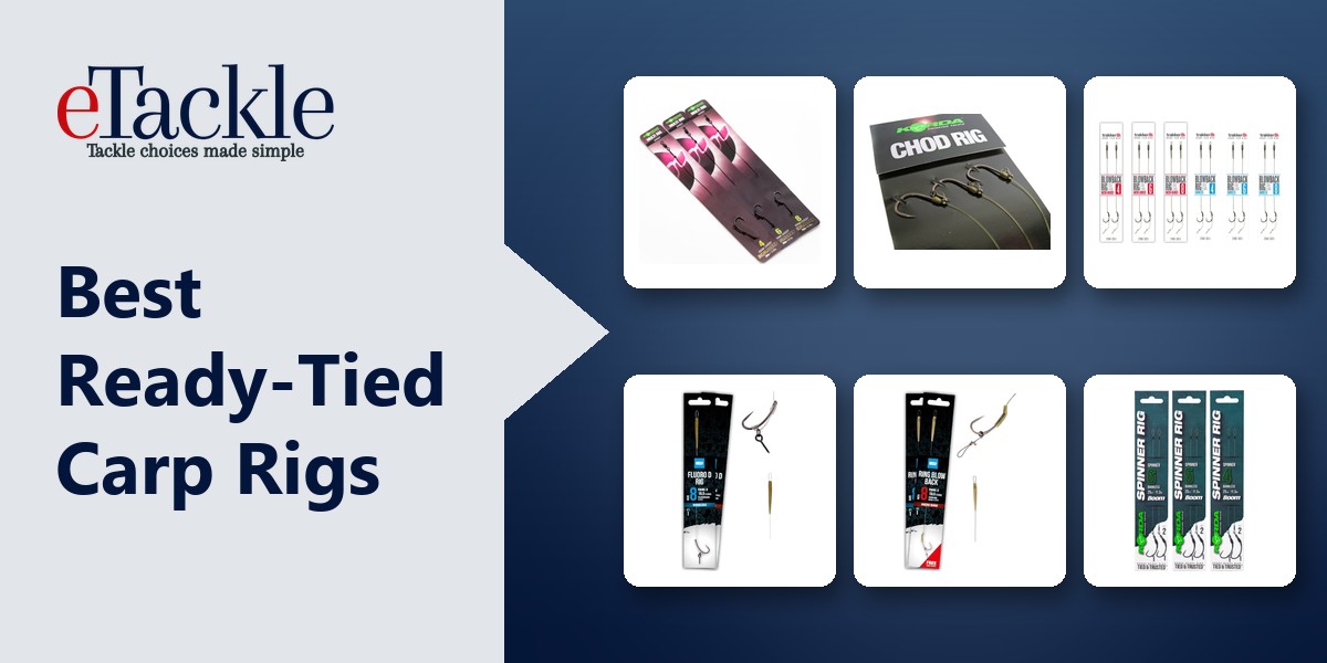 Packs of ready-tied carp rigs, including multi, chod, blowback, D-rig and spinner rigs