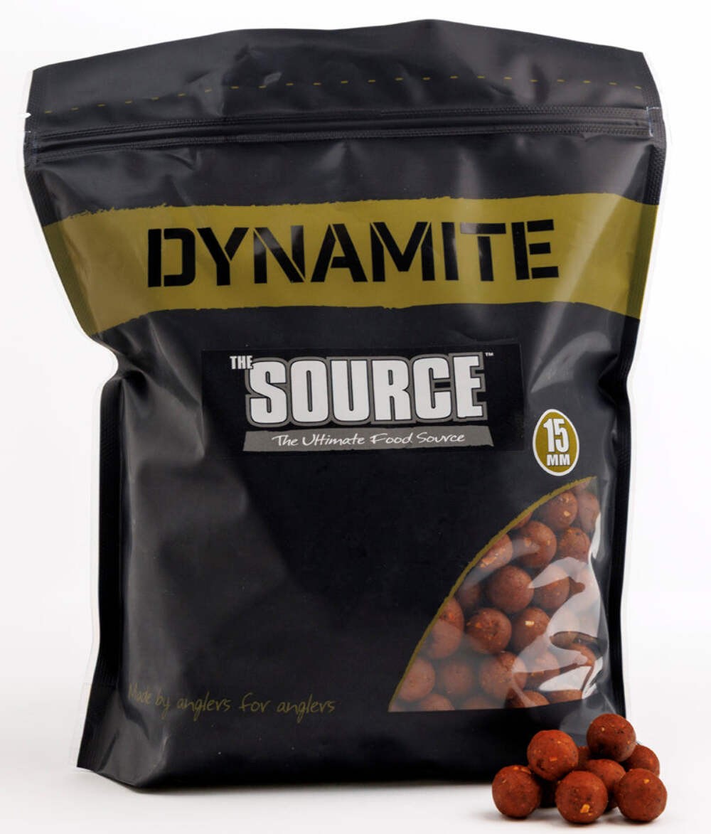 A bag of Dynamite Baits The Source shelf-life boilies with loose boilies in front