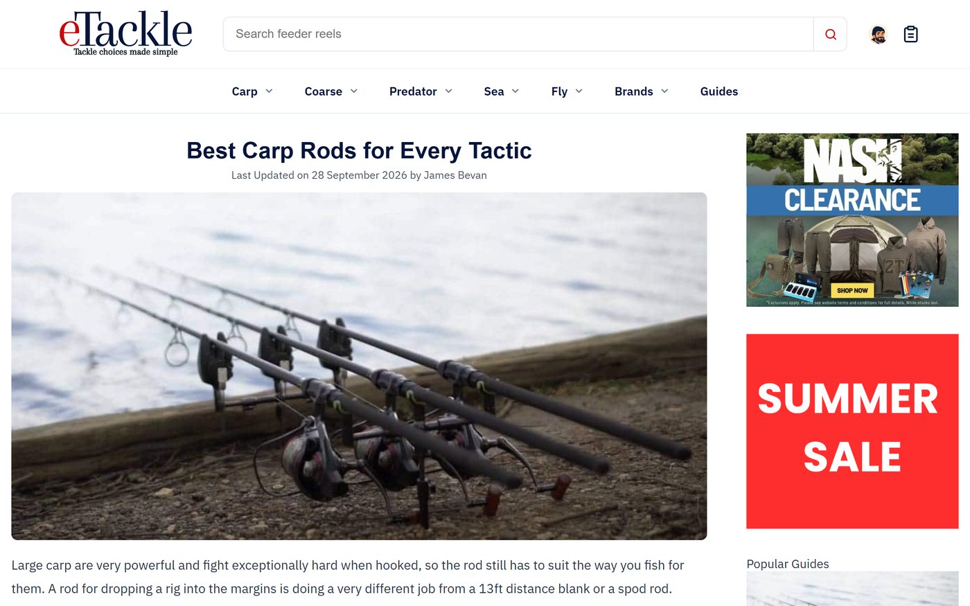 An eTackle buying guide with partner banners in the sidebar