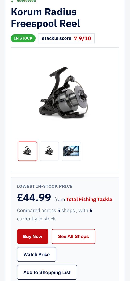 An eTackle product page showing the recommended shop and price