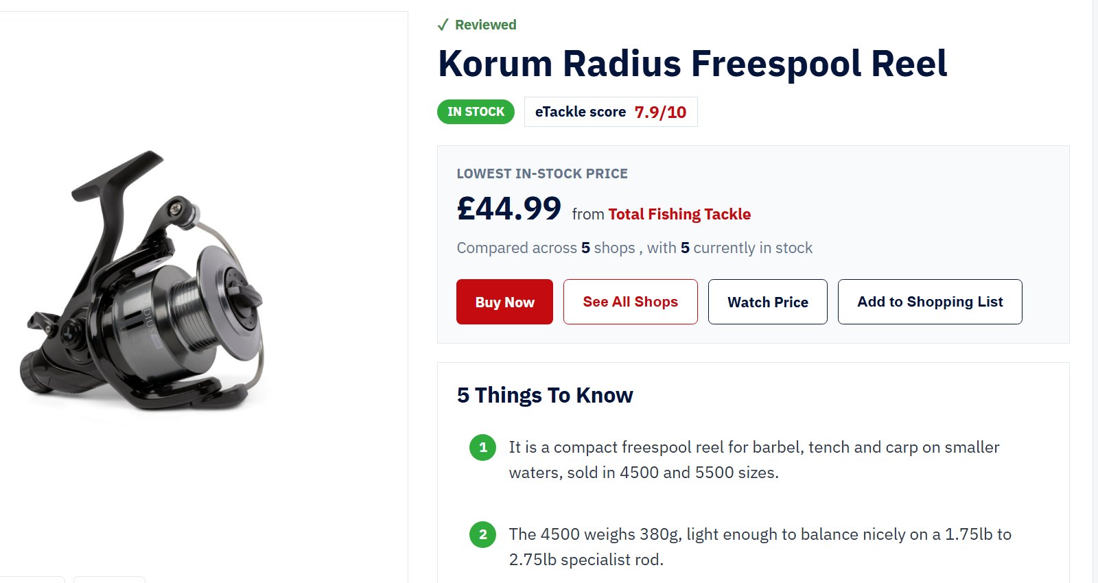 The shop panel on an eTackle product review page