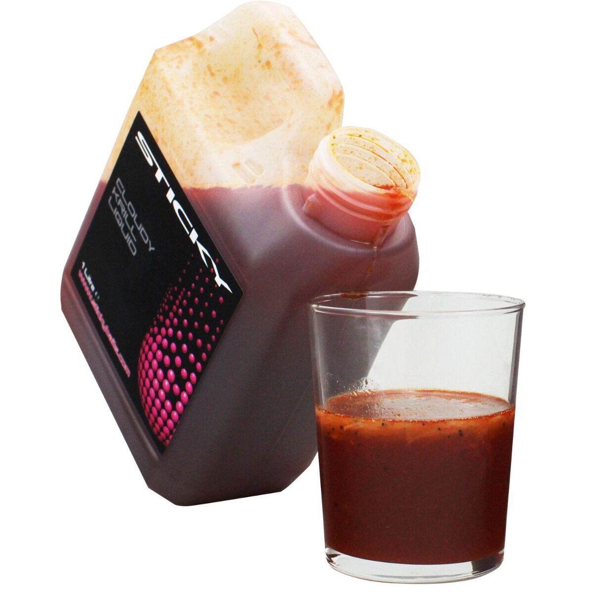 A 1 litre jerry can of Sticky Baits Cloudy Krill Liquid beside a glass of the liquid