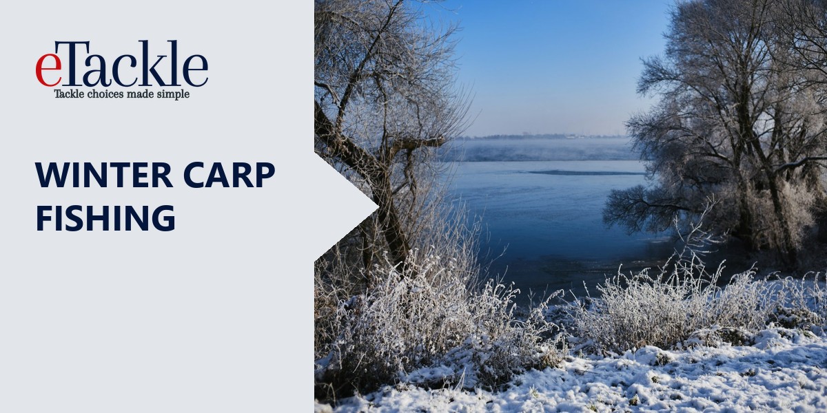 A frosty lake with snow on the bank and bare trees in winter